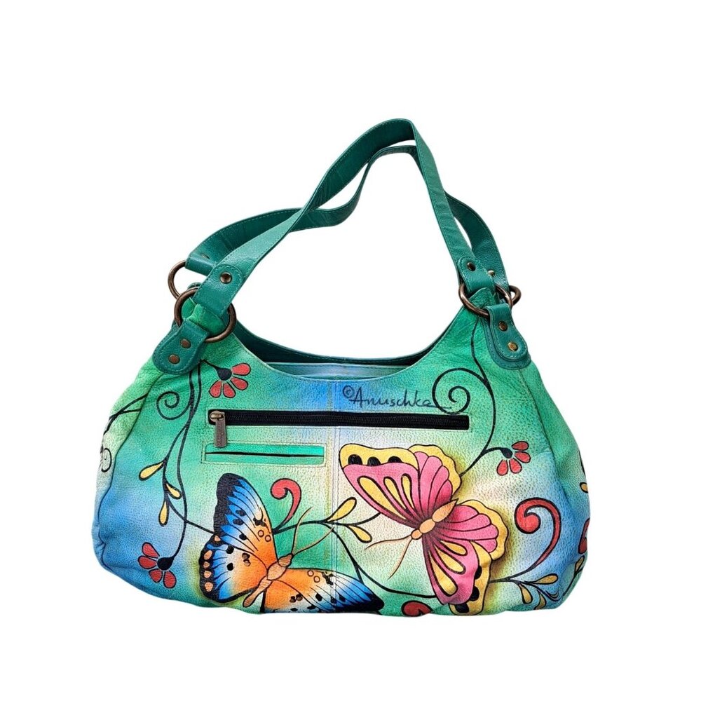 Anuschka Purse Leather Shoulder Bag Large Satchel Hobo Butterfly Floral Green - Picture 1 of 15
